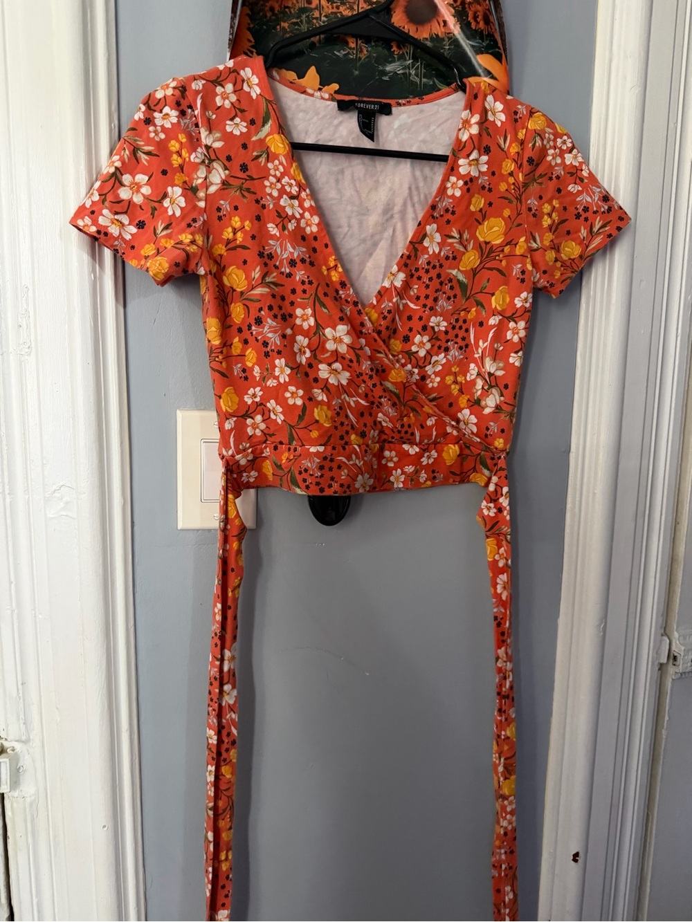 Forever 21 Orange Floral Wrap Crop Top